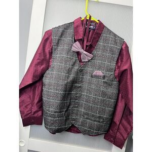 A_ Happy Fella Size 14 Boys Burgundy Collard shirt and Gray Plaid Vest w/bow tie